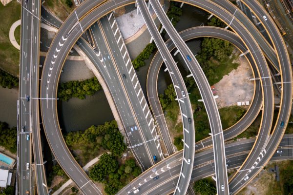 Aerial photo of concrete roads Aerial photo of curvy concrete roads