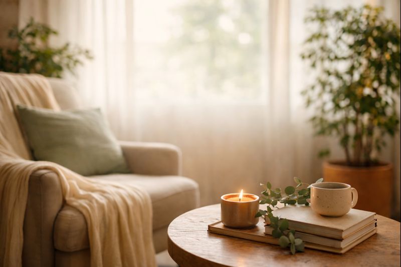 Body Keeps the score – no words Peaceful therapy room symbolising integrative therapy, nervous system regulation, and the body’s response to safety.